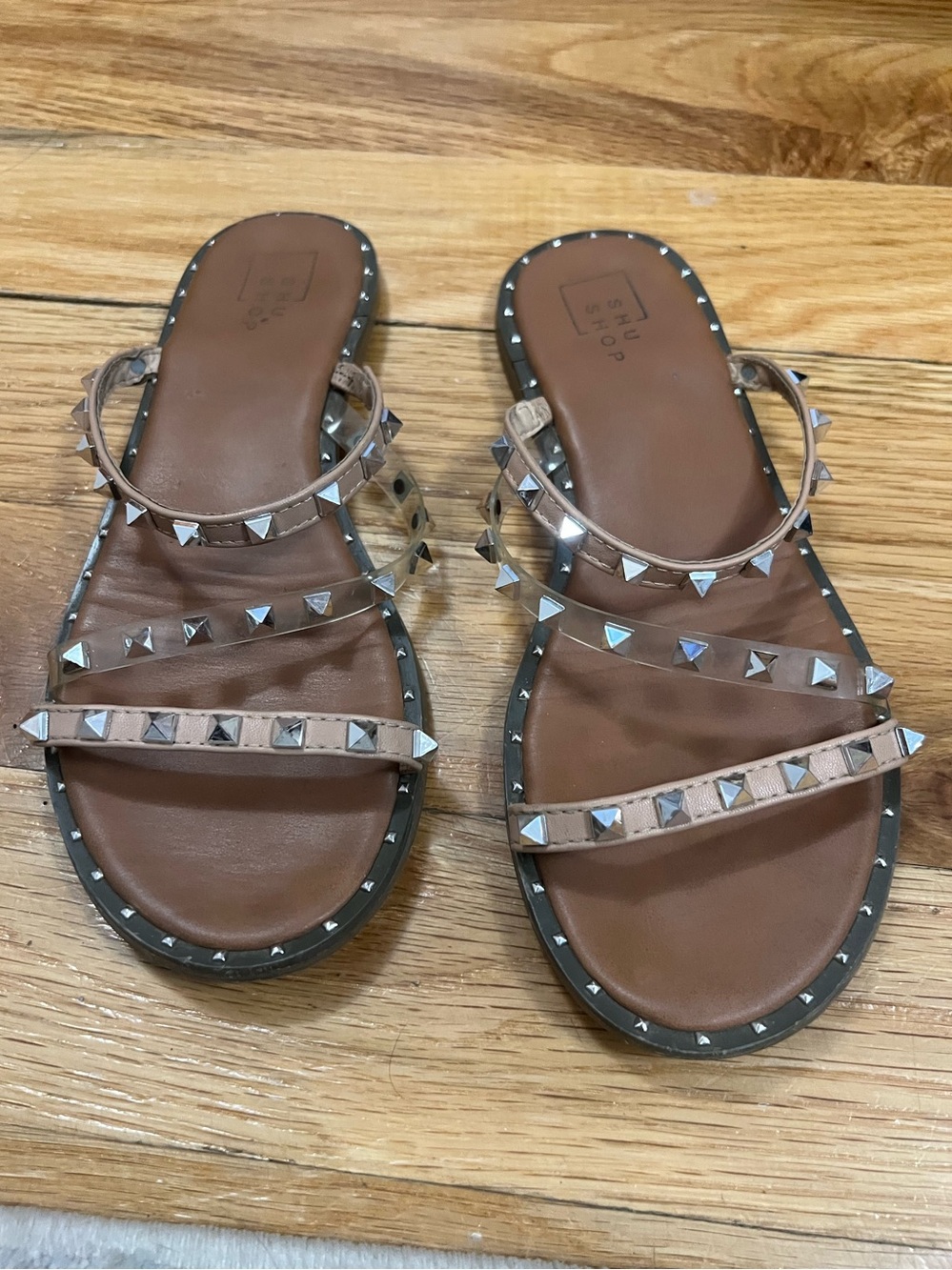 ShuShop Studded Brown Slide Sandals with Clear Straps